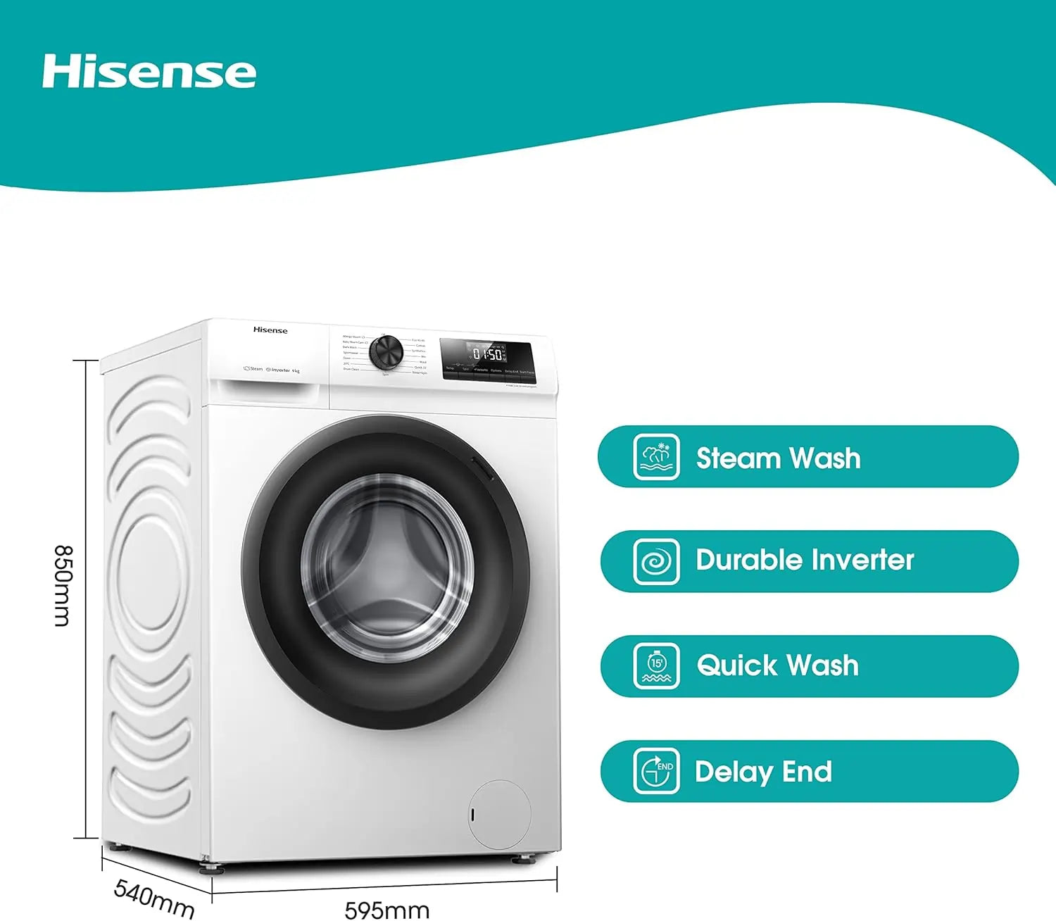 Hisense WFQP9014EVM 9kg 1400 Spin Washing Machine, White