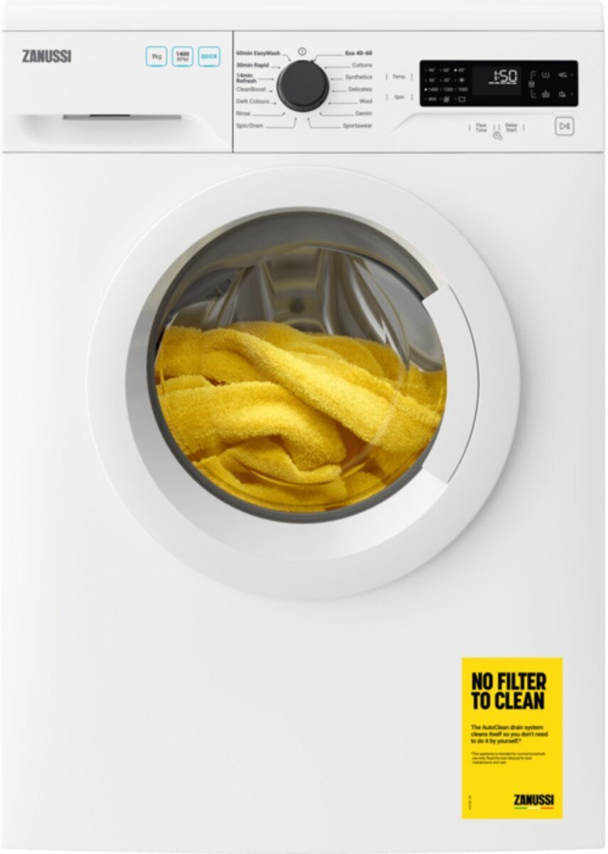 Zanussi ZWF744B3PW Washing Machine, 7kg, 1400 Spin, White, C Rated